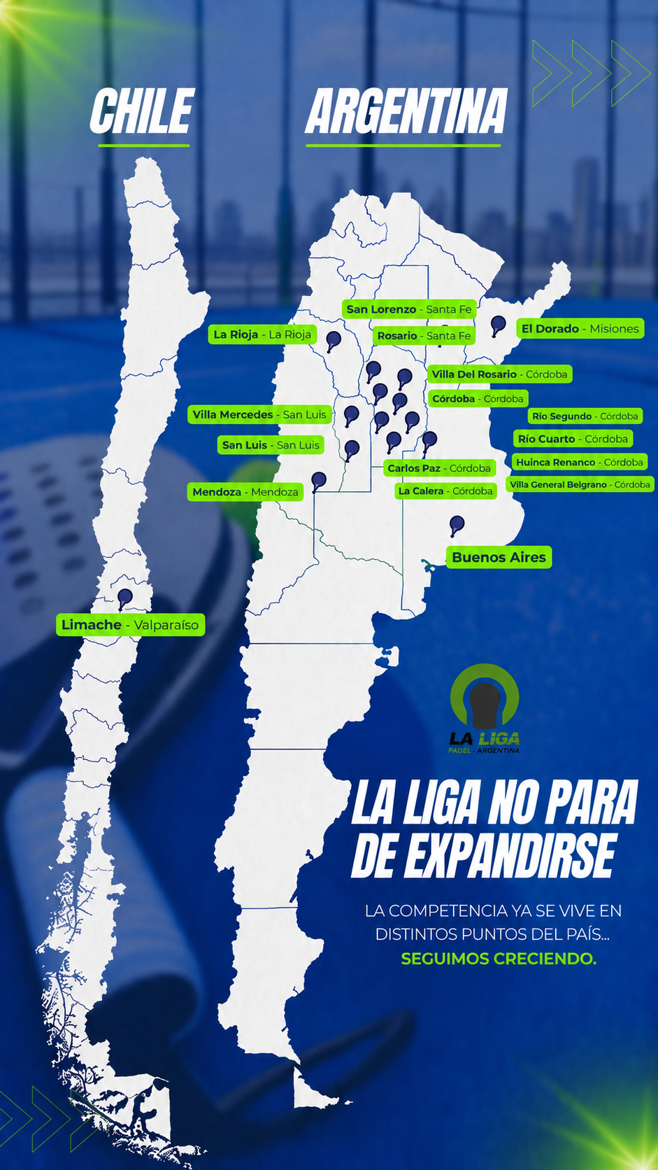 Mapa de expansión de La Liga Pádel Argentina